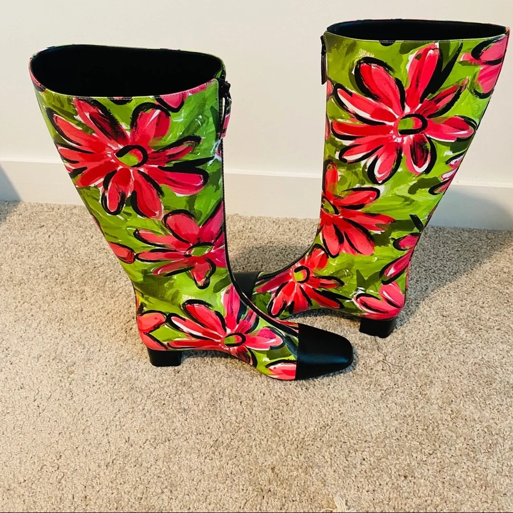 Michael Kors Collection Anita Runway Floral Print Full Calf Leather Knee Boots